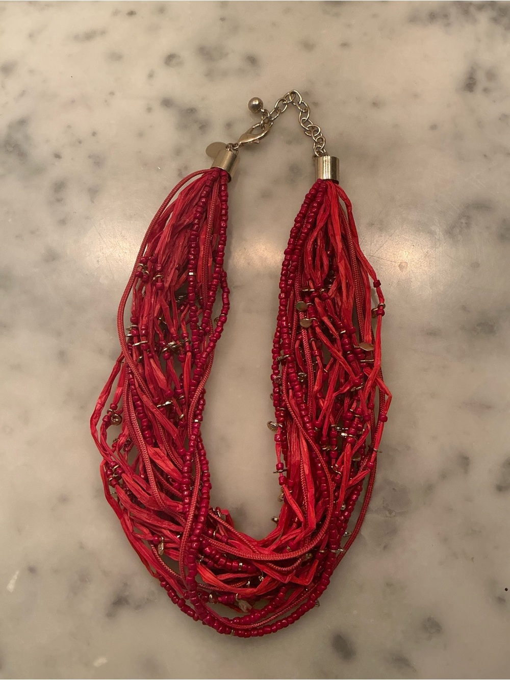 Chico’s Red Multi-Strand Beaded Statement Necklace Gold Tone